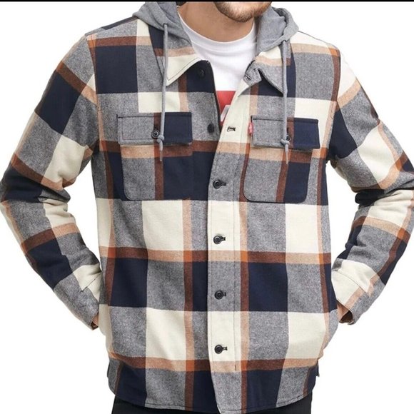 Levi's Other - Levi's Flannel Coat Shirt SZ L Blue Sherpa Lined Hooded Zip Up Warm Heavyweight